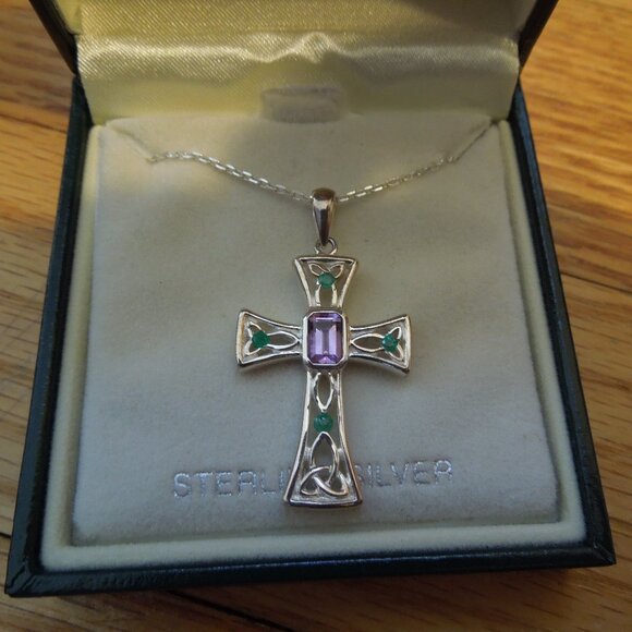 Sterling Silver Trinity Knot Cross 18" Necklace with Emerald and Amethyst - Picture 6 of 6